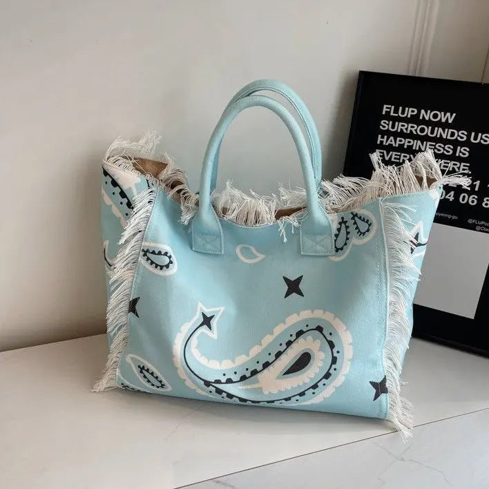 2025 Women Tote Bag For Travel Beach Bag Large Capacity Shoulder Commuter Bags Hand-tassel Denim Print Tassel Spliced Handbags