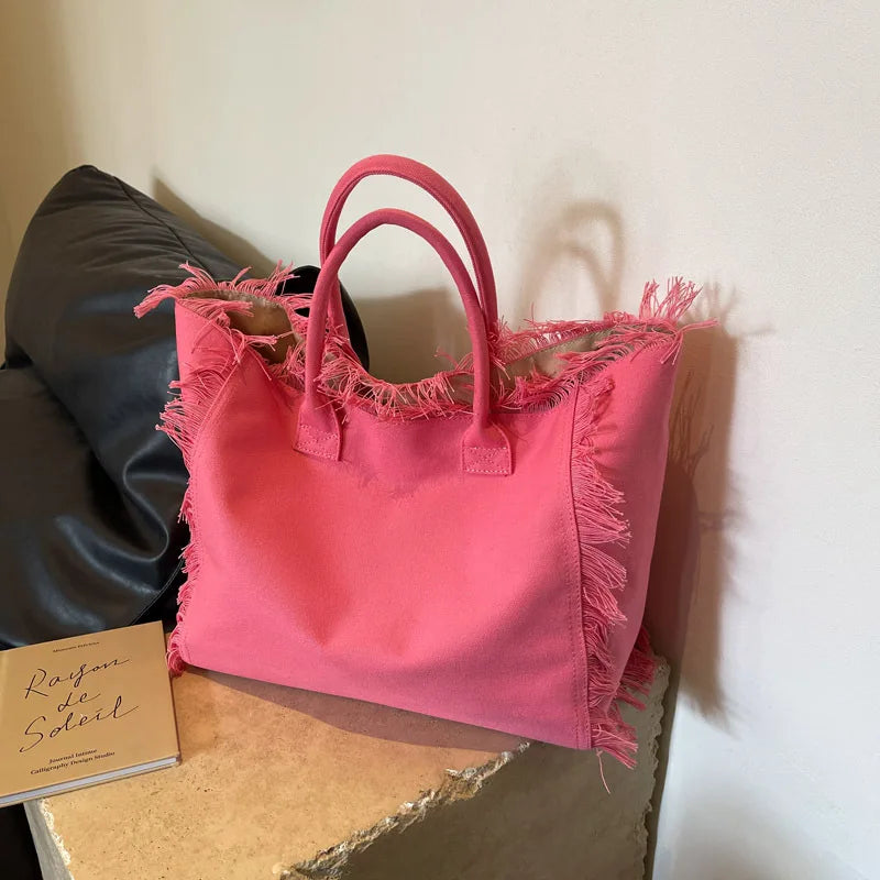 2025 Women Tote Bag For Travel Beach Bag Large Capacity Shoulder Commuter Bags Hand-tassel Denim Print Tassel Spliced Handbags