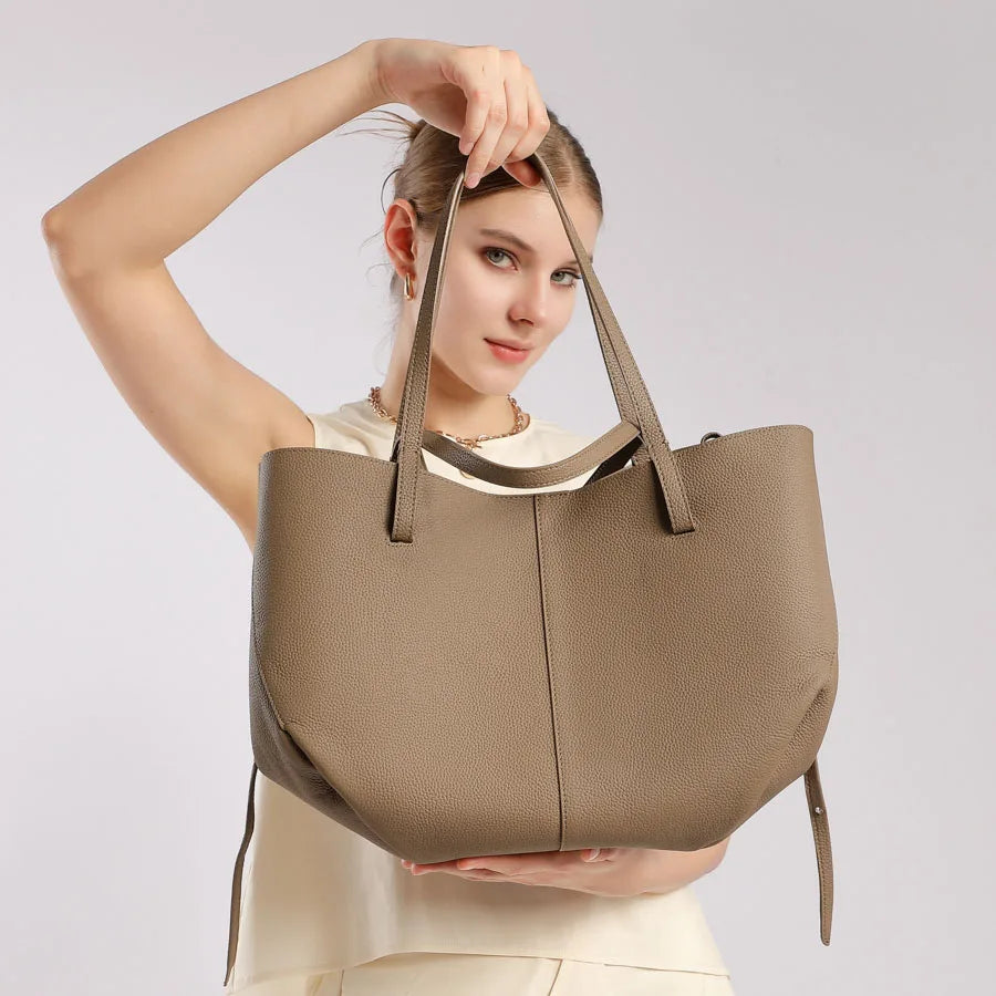 Women's Tote Bag, Simple and Versatile Casual Bag, First-Layer Cowhide Handbag, High-Quality Shoulder Bag, Basket-Style Bag