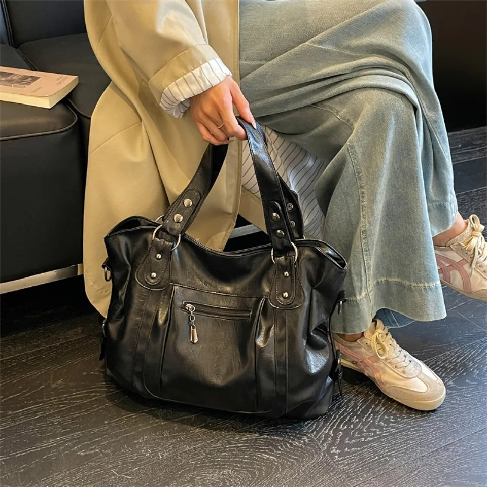 Women Vintage Soft Leather Tote Bag Large Capacity Handbag Designer Retro Casual Shoulder Crossbody Bags for Daily Work Commuter