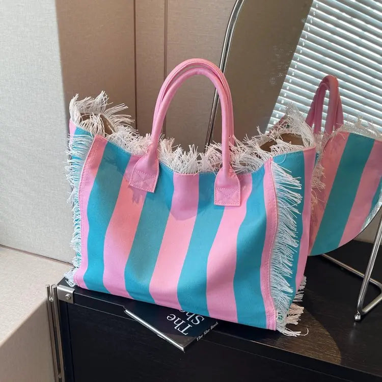 2025 Women Tote Bag For Travel Beach Bag Large Capacity Shoulder Commuter Bags Hand-tassel Denim Print Tassel Spliced Handbags
