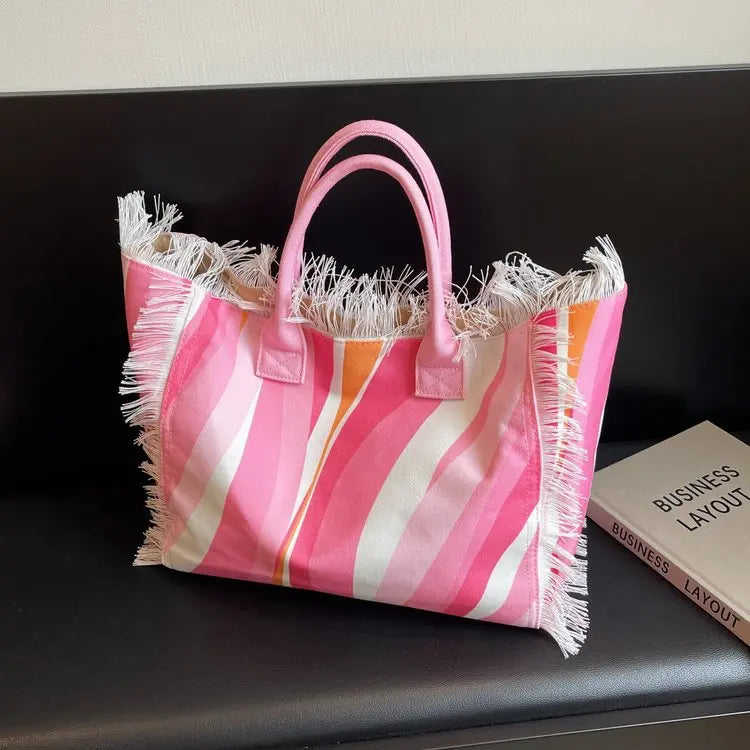 2025 Women Tote Bag For Travel Beach Bag Large Capacity Shoulder Commuter Bags Hand-tassel Denim Print Tassel Spliced Handbags