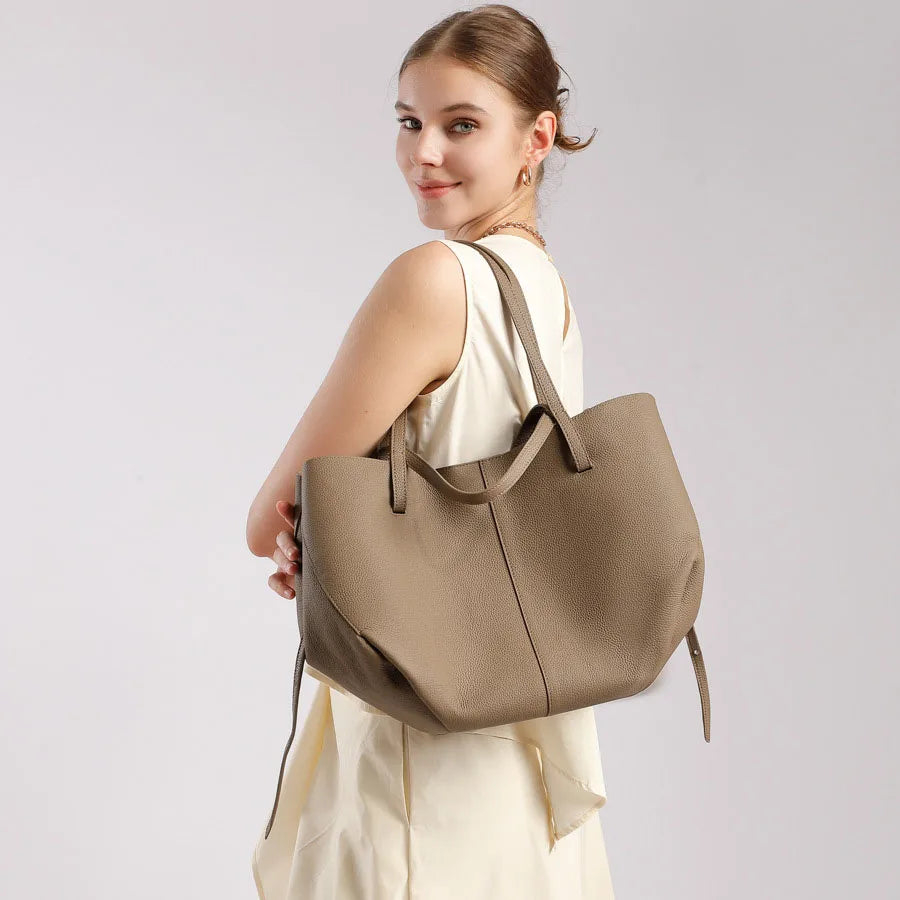 Women's Tote Bag, Simple and Versatile Casual Bag, First-Layer Cowhide Handbag, High-Quality Shoulder Bag, Basket-Style Bag