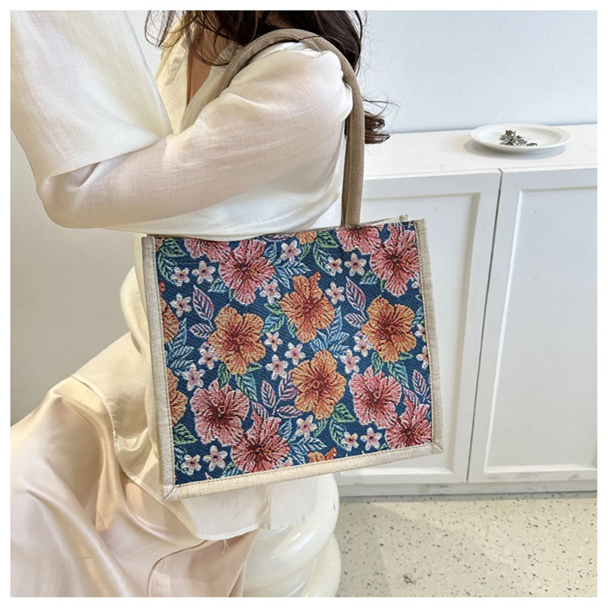 Women Tote Bag Aesthetic Color Students Casual Handbag Shoulder Bag Large Capacity Cotton And Linen Reusable Shopping Beach Bags