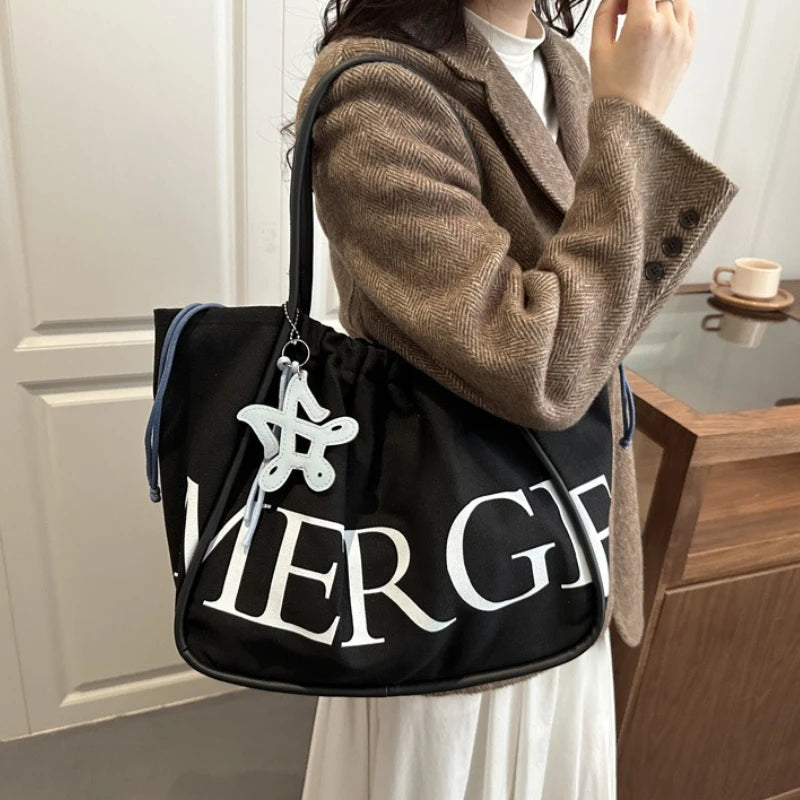 Large Tote Shoulder Bag for Women,Printed Drawstring Closure Handbag ,Leather Top Handles Casual Shopper Purse for Work Shopping