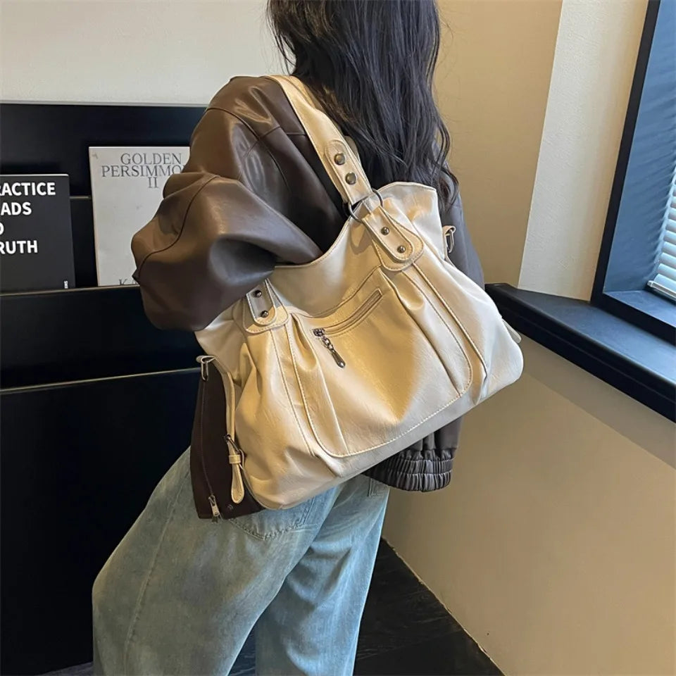 Women Vintage Soft Leather Tote Bag Large Capacity Handbag Designer Retro Casual Shoulder Crossbody Bags for Daily Work Commuter