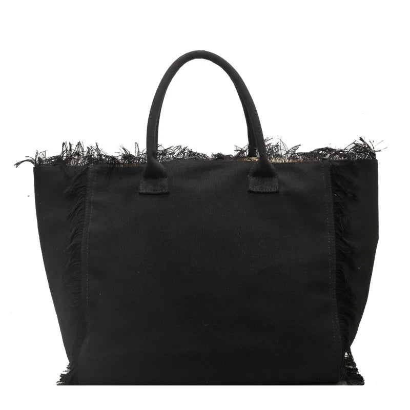 2025 Women Tote Bag For Travel Beach Bag Large Capacity Shoulder Commuter Bags Hand-tassel Denim Print Tassel Spliced Handbags
