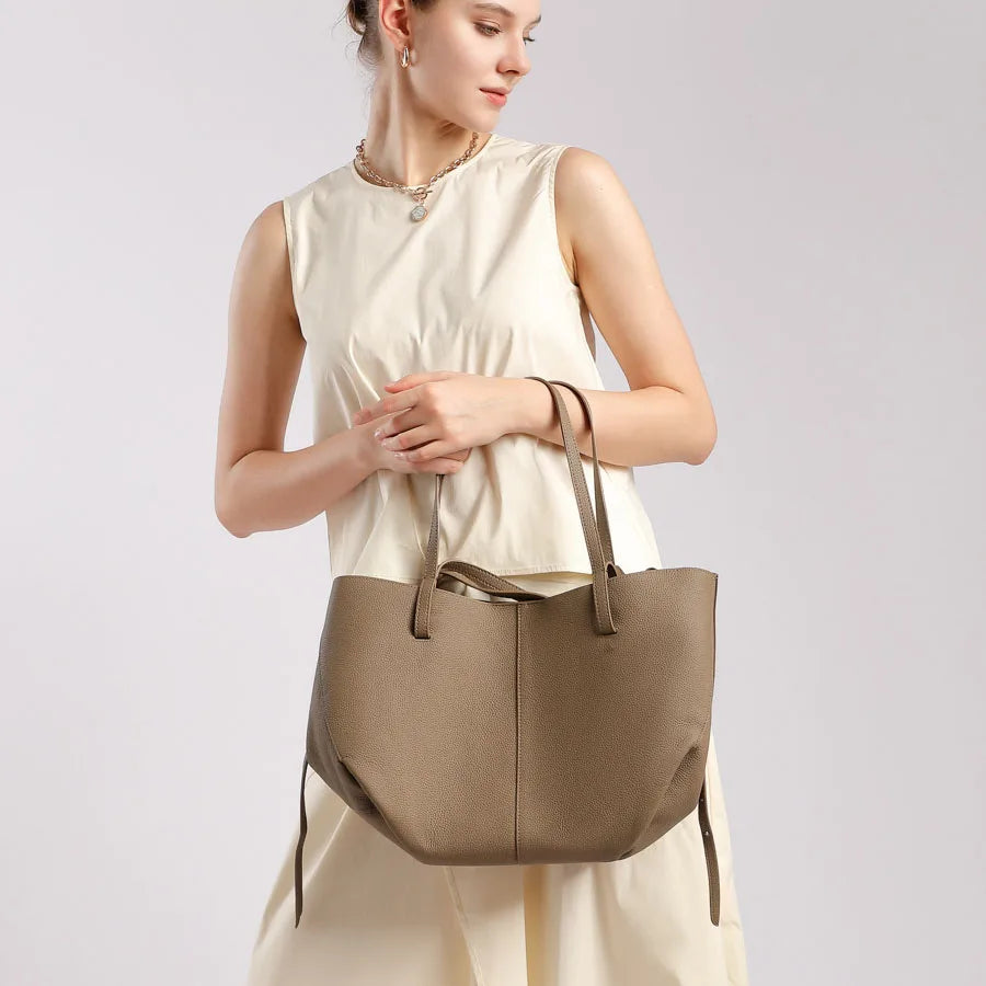 Women's Tote Bag, Simple and Versatile Casual Bag, First-Layer Cowhide Handbag, High-Quality Shoulder Bag, Basket-Style Bag