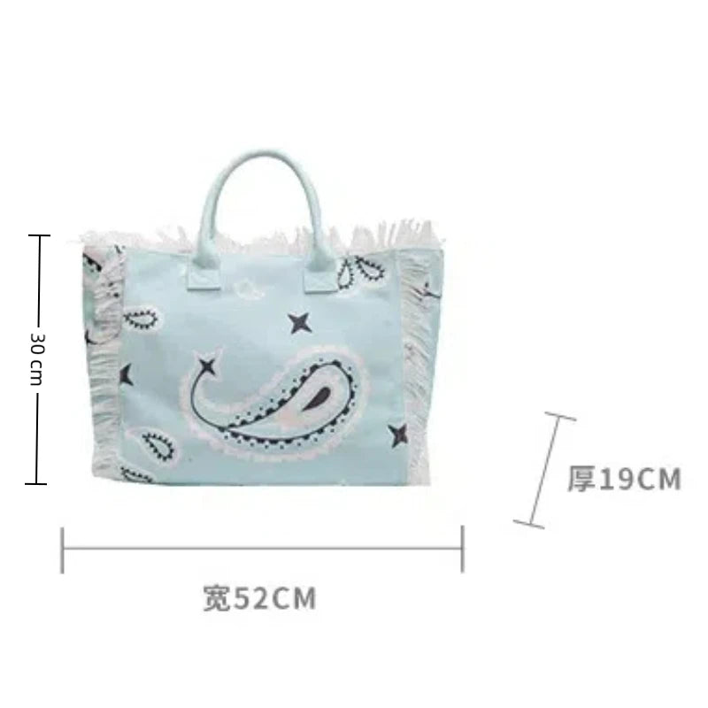 2025 Women Tote Bag For Travel Beach Bag Large Capacity Shoulder Commuter Bags Hand-tassel Denim Print Tassel Spliced Handbags