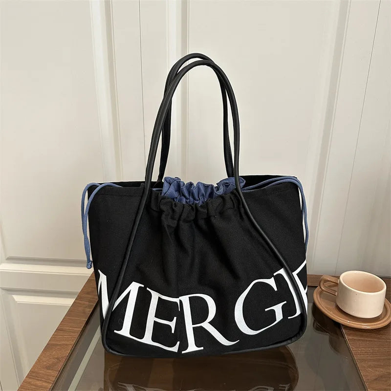 Large Tote Shoulder Bag for Women,Printed Drawstring Closure Handbag ,Leather Top Handles Casual Shopper Purse for Work Shopping