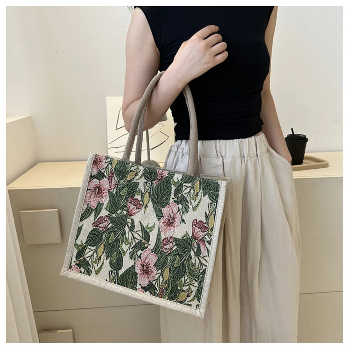 Women Tote Bag Aesthetic Color Students Casual Handbag Shoulder Bag Large Capacity Cotton And Linen Reusable Shopping Beach Bags
