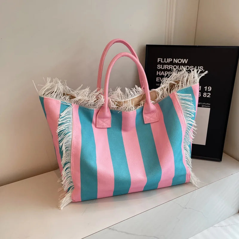 2025 Women Tote Bag For Travel Beach Bag Large Capacity Shoulder Commuter Bags Hand-tassel Denim Print Tassel Spliced Handbags