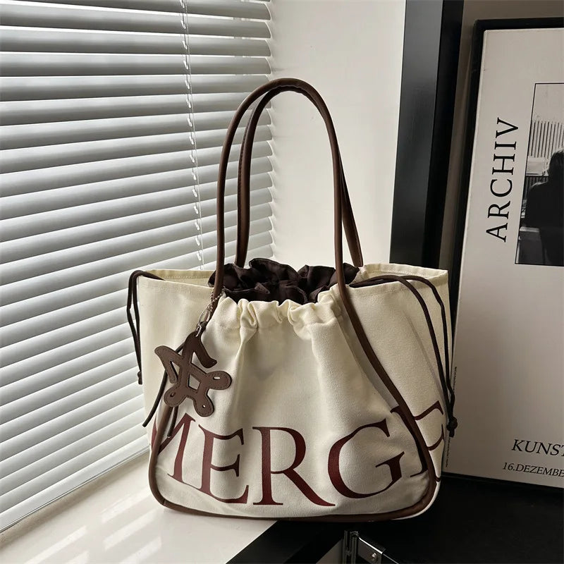 Large Tote Shoulder Bag for Women,Printed Drawstring Closure Handbag ,Leather Top Handles Casual Shopper Purse for Work Shopping