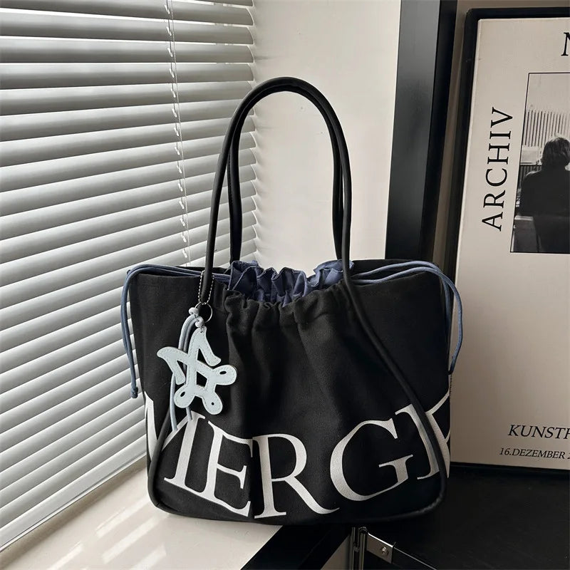 Large Tote Shoulder Bag for Women,Printed Drawstring Closure Handbag ,Leather Top Handles Casual Shopper Purse for Work Shopping