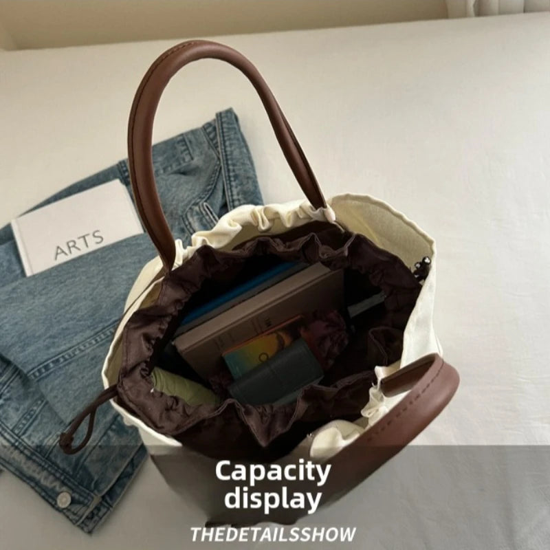 Large Tote Shoulder Bag for Women,Printed Drawstring Closure Handbag ,Leather Top Handles Casual Shopper Purse for Work Shopping
