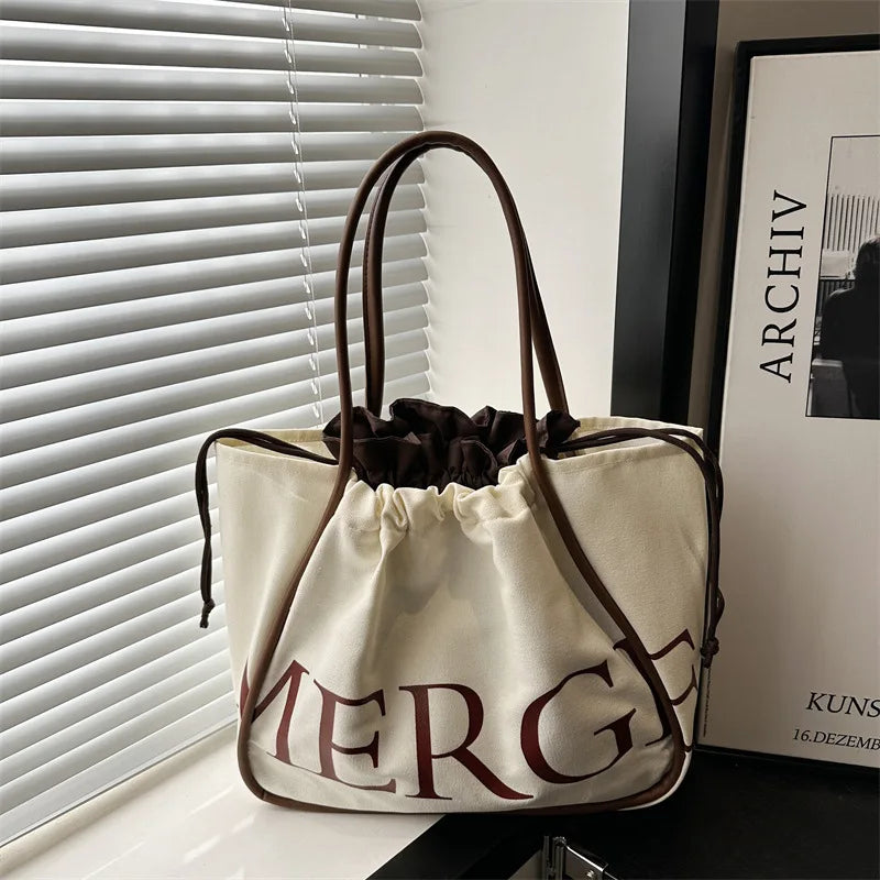 Large Tote Shoulder Bag for Women,Printed Drawstring Closure Handbag ,Leather Top Handles Casual Shopper Purse for Work Shopping