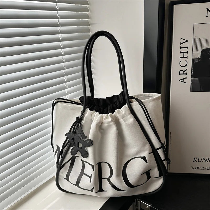 Large Tote Shoulder Bag for Women,Printed Drawstring Closure Handbag ,Leather Top Handles Casual Shopper Purse for Work Shopping