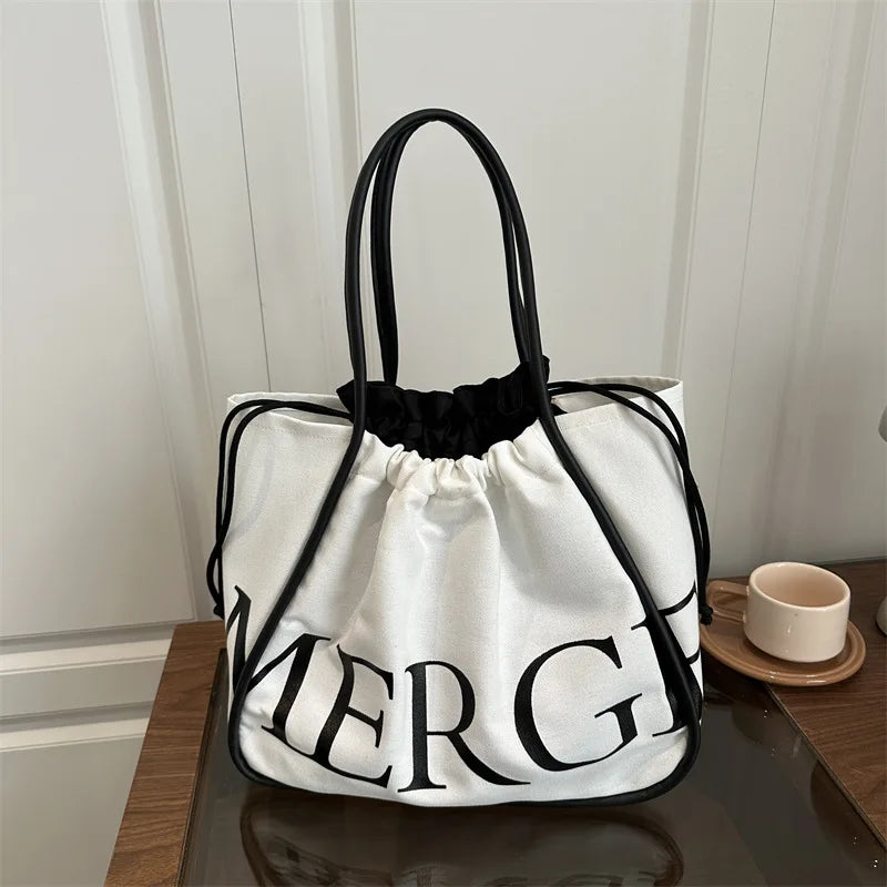 Large Tote Shoulder Bag for Women,Printed Drawstring Closure Handbag ,Leather Top Handles Casual Shopper Purse for Work Shopping