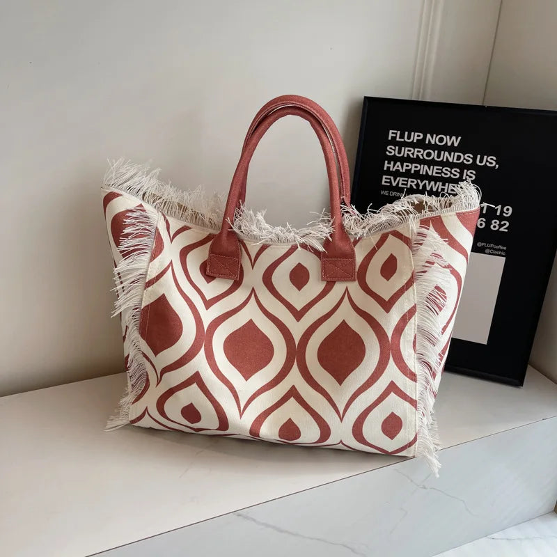 2025 Women Tote Bag For Travel Beach Bag Large Capacity Shoulder Commuter Bags Hand-tassel Denim Print Tassel Spliced Handbags