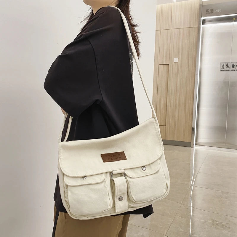 Women's School Messenger Bags For Women Shoulder Ladies Designer Handbag Solid Large Capacity Casual Canvas Shoulder Female Bags